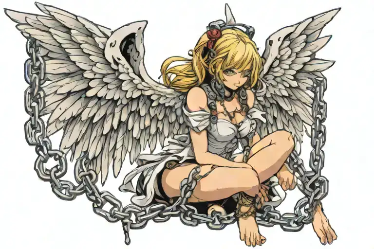 Floating Winged Female Angel Being Held By Chains Around Her Arms