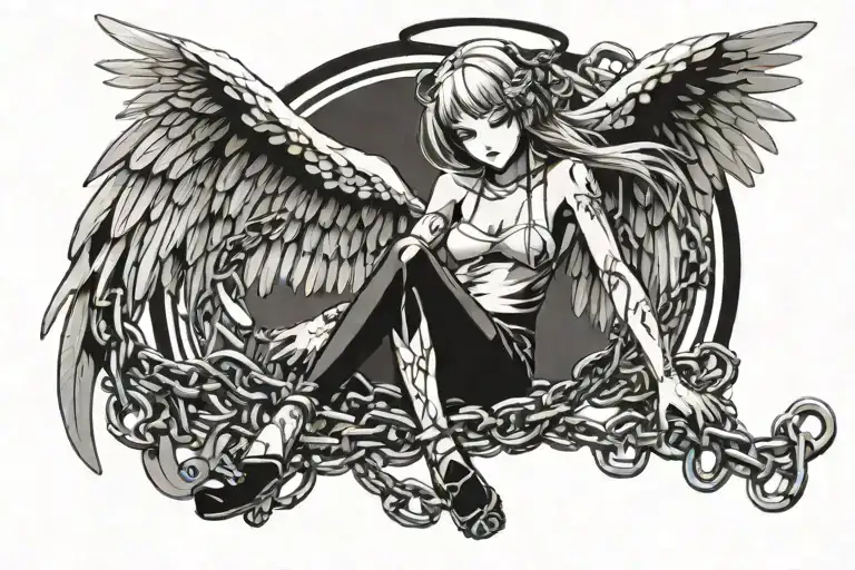 Floating Winged Female Angel Being Held By Chains Around Her Arms And Her Legs Dangling