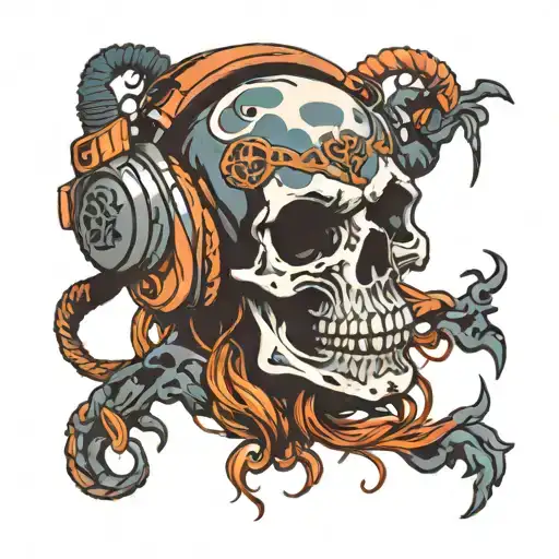 Skull Wearing Headphones Listening