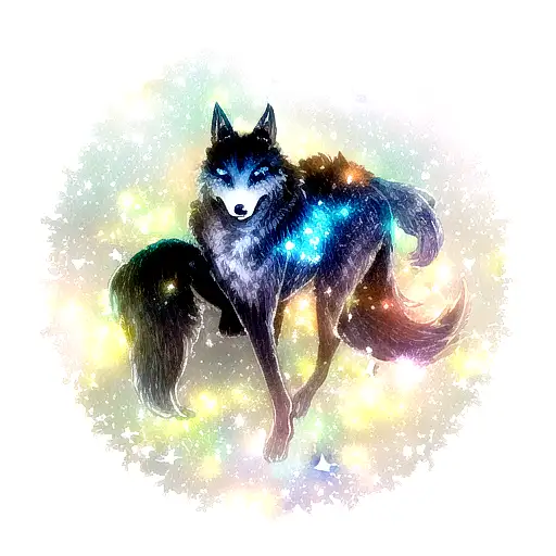 A Realistic Depiction Of A Galaxy Wolf In A Serene Nighttime Forest With Glowing Stars Above