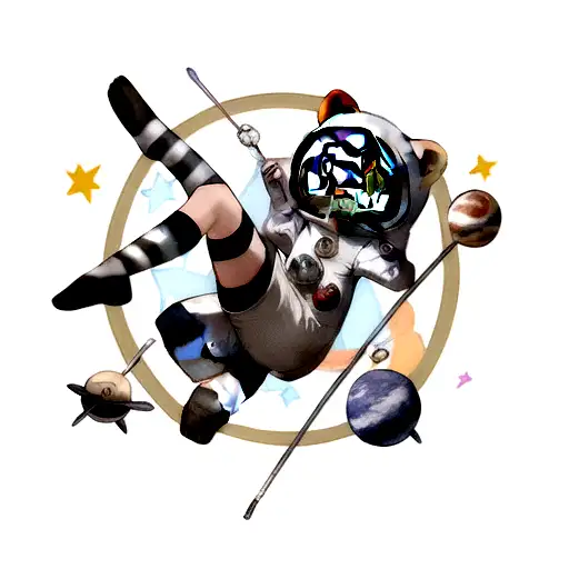 Raccoon Dressed As An Astronaut Floating In The Space With Stars And Planets