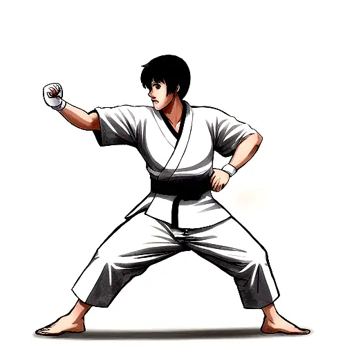 Karate Competitor In A Kimono And A Black Belt Punching To The Side