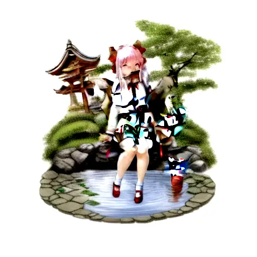 Shrine Maiden With Fox On Her Lap By A Koi Pond