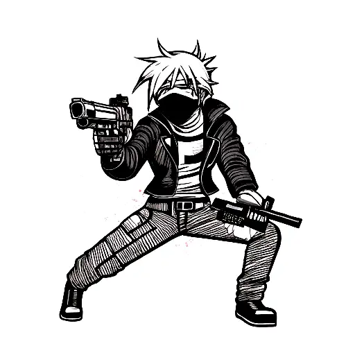 Robber In A Mask With A Gun Covered In Blood In A Black Jacket