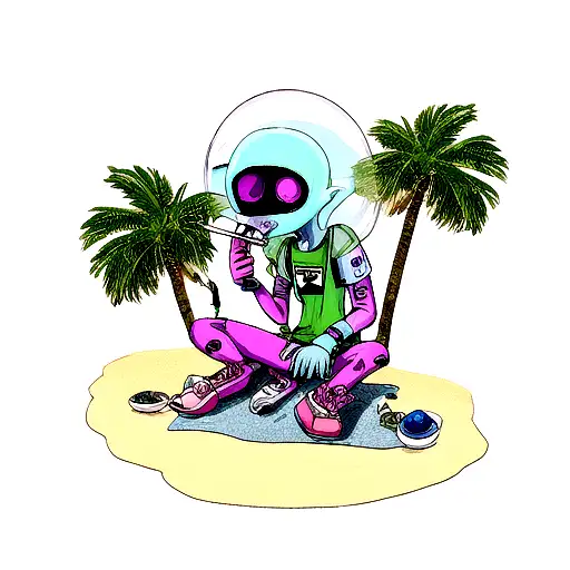 An Alien Smoking A Joint On The Beach With Lean Melting From The Brain
