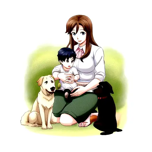 Family Two Brothers The Mother And A Pet Labrador Dog