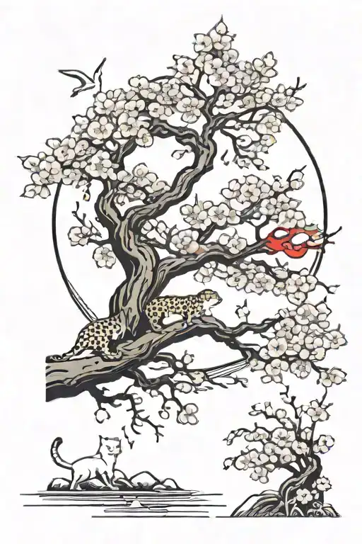 A Cherry Blossom Tree With A Moon In The Background And A Jaguar And Two Fish And Storks