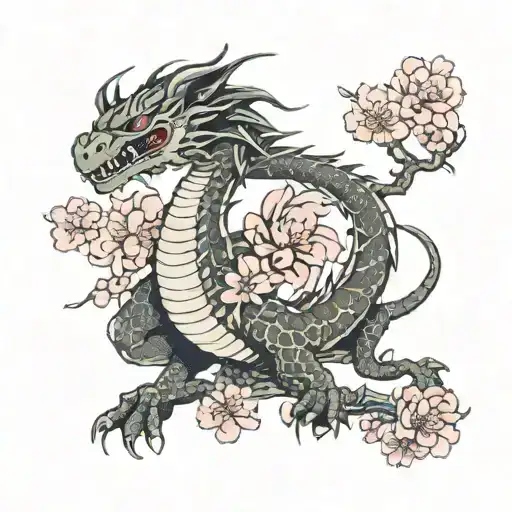 Dragon With Sakura In The Background
