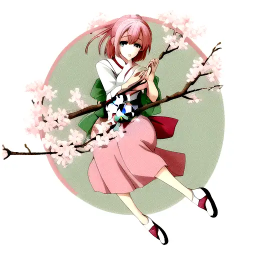 Sakura Branch With Pastel Pink Flowers And Emerald Leaves And A White Cat With Blue And Gold Eyes