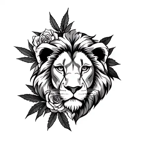 Black And White Lion Rose Merged With Weed Leaf Eye Chest