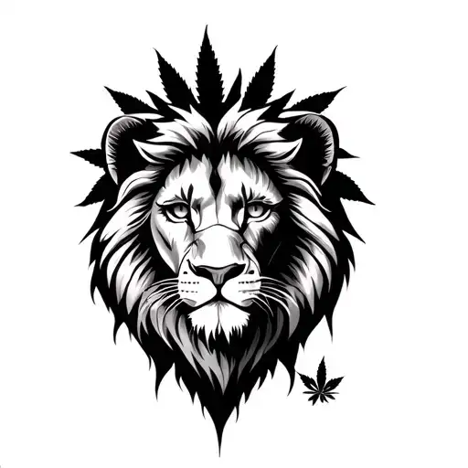 Black And White Lion Rose Merged With Weed Leaf Eye Chest