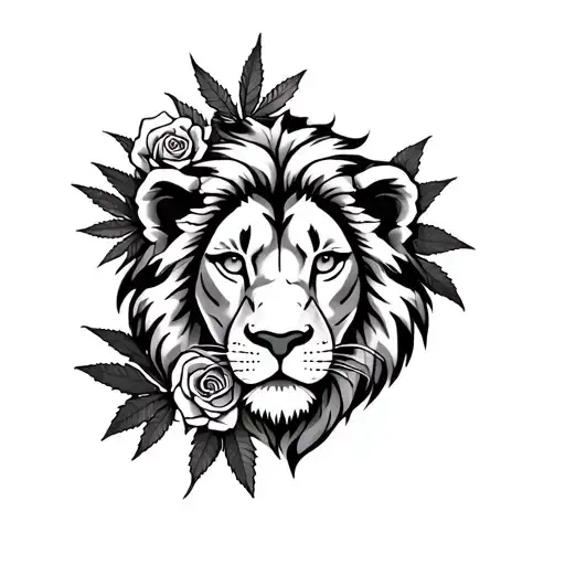 Black And White Lion Rose Merged With Weed Leaf Eye Chest