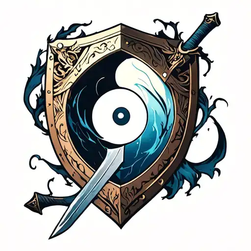 Sword And Shield Inside Yin Ayng Symbol Intertwined