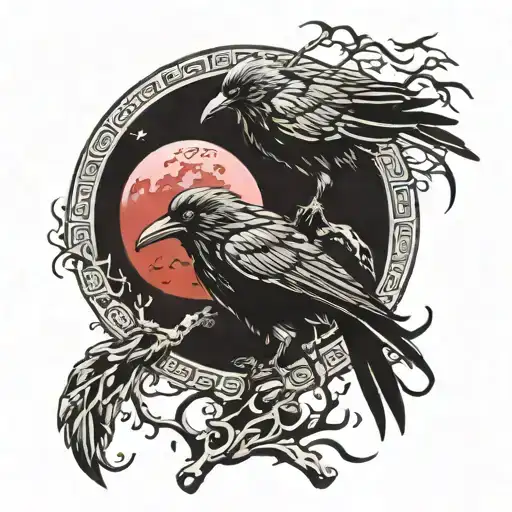 Japan Crow Red Moon Sad