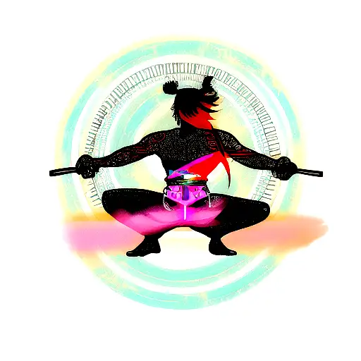 A Minimalist Tattoo Of A Samurai Holding A Guitar In A Pink Floyd-inspired Pose