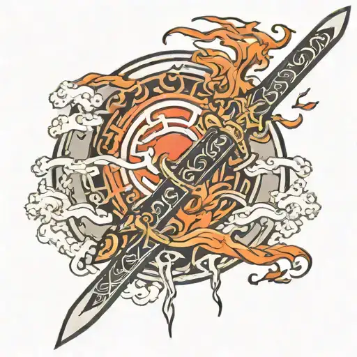 Japanese Strength Symbol Combined With Flaming Samurai Sword