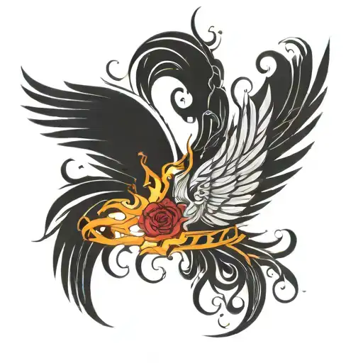 Phoenix Rising Wing Both Spread With Flames And Add Little Rose With Some Vein Growing Downwards