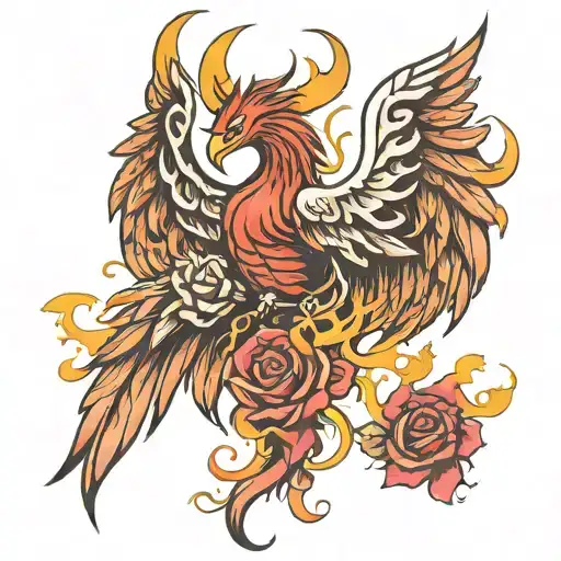 Phoenix Rising Wing Both Spread With Flames And Rose