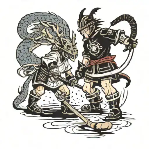 A Samurai In A Hockey Bib Fights A Dragon With A Hockey Stick