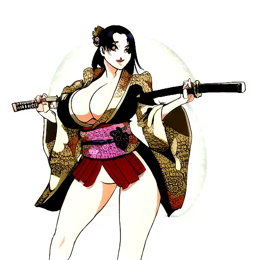 Beautiful Busty Young Woman Dressed In A Low Cut Kimono Holding A Katana