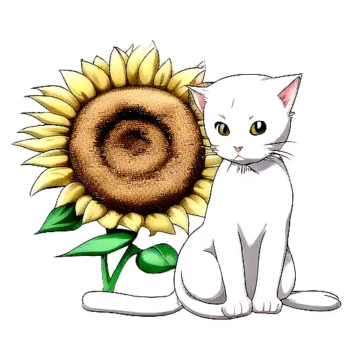 White Cat Playing With The Sunflower