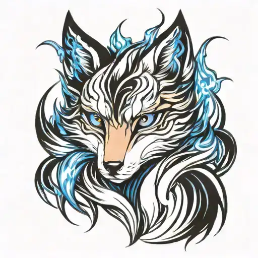Black And White Nine Tailed Fox With Body Surrounded By Blue Flames