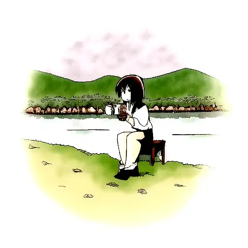 A Manga Character Drinking Coffee In A Serene Natural Setting
