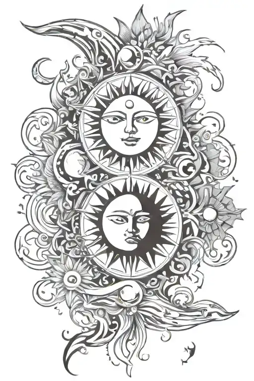 Sun And Moon Back Tattoo Design Featuring Elements
