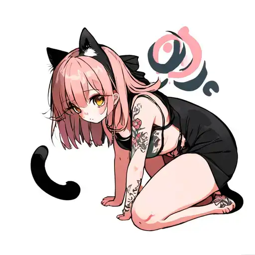 Anime Girl With Big Breasts Stands On Her Knees Pierced Herself A Cat
