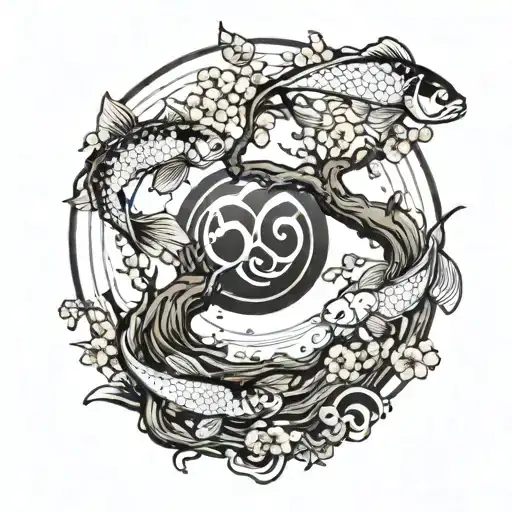 Cherry Tree Of Life With Yin And Yang Koi Fish At The Base Of The Tree