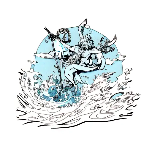 Poseidon With His Trident On Top Of A Wave With Crabs And The Iemanja Symbol