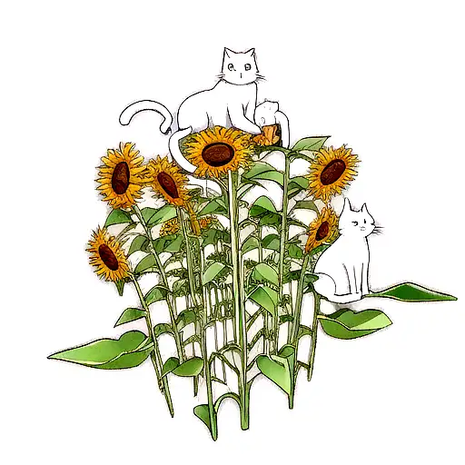 White Cat Under The Sunflower Tree