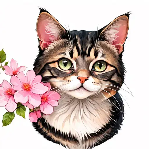 Cat With Sakura Flowers