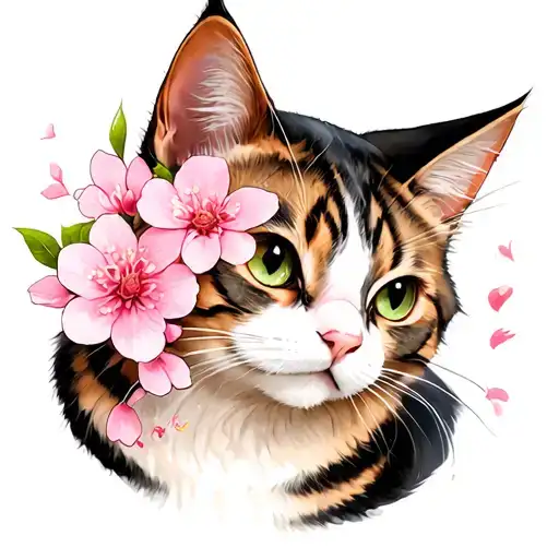 Cat With Sakura Flowers
