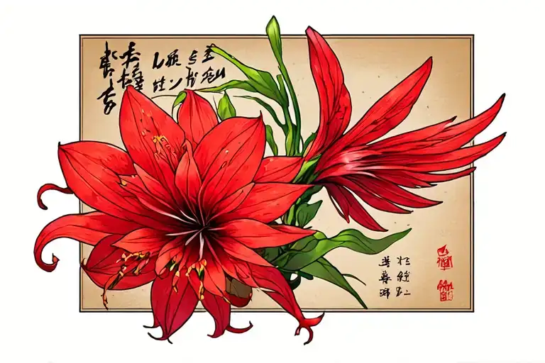 Red Lycoris With Writing '' Angel Dechu '' In Japanese