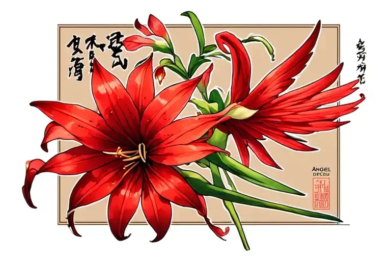 Red Lycoris With Writing '' Angel Dechu '' In Japanese