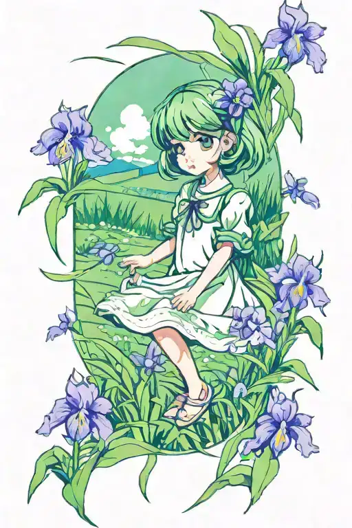 A Sleeve Tattoo Of A Little Girl In A Green Field With Irises