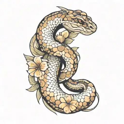 Ball Python Snake Hip Tattoo With Oriental Flowers