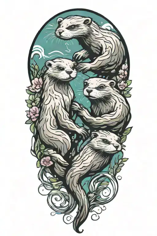 Fantasy Themed Tattoo Design Featuring Two Otters Holding Hands