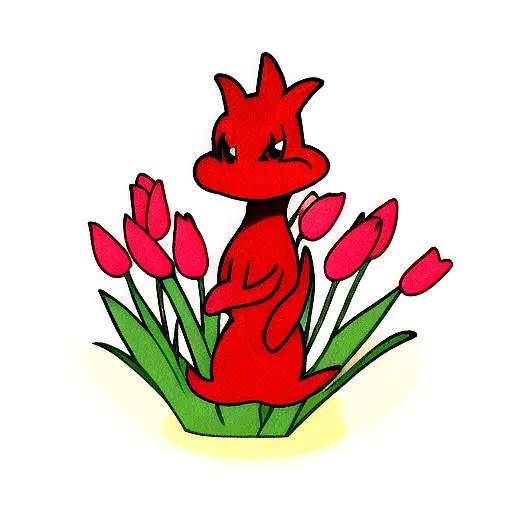 Tulips With Rcat Dressed As A Red Dinosaur