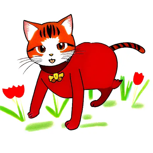 A Cat Dressed As A Red Dinosaur With Tulips