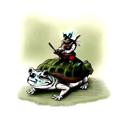 Samurai Frog Riding On Turtle Back