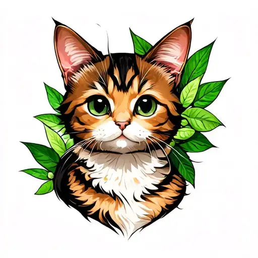 Cat With Green Plant