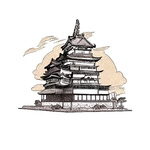 Complete Samurai With Half Oni Mask And A Japanese Castle In The Background