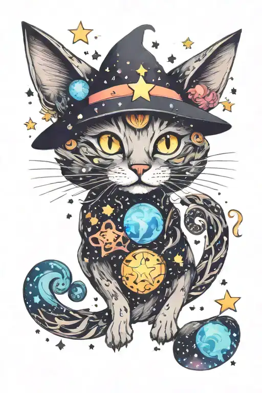 Witch Cat With Moon And Stars And Colorful Mushrooms Trippy