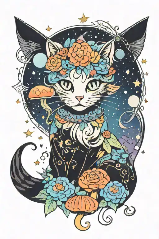 Witch Cat With Moon And Stars And Colorful Mushrooms Trippy