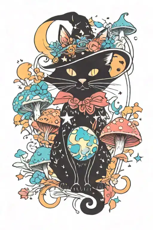 Witch Cat With Moon And Stars And Colorful Mushrooms Trippy
