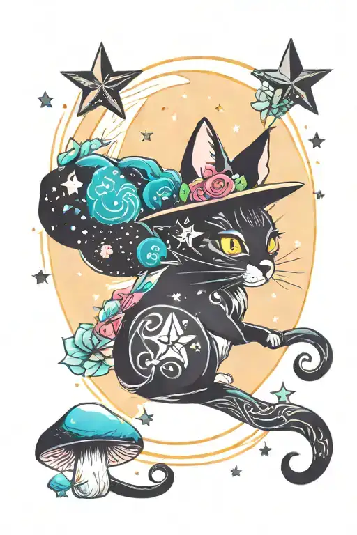 Witch Cat With Moon And Stars And Colorful Mushrooms Trippy
