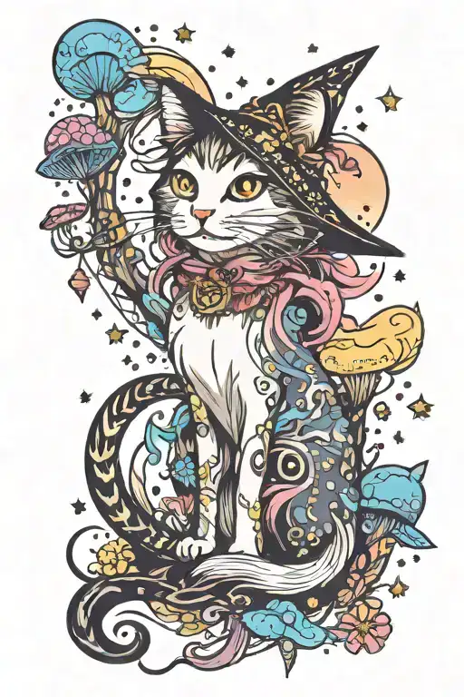 Witch Cat With Moon And Stars And Colorful Mushrooms Trippy