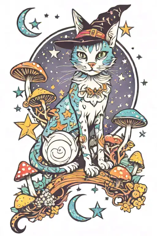 Witch Cat With Moon And Stars And Colorful Mushrooms Trippy